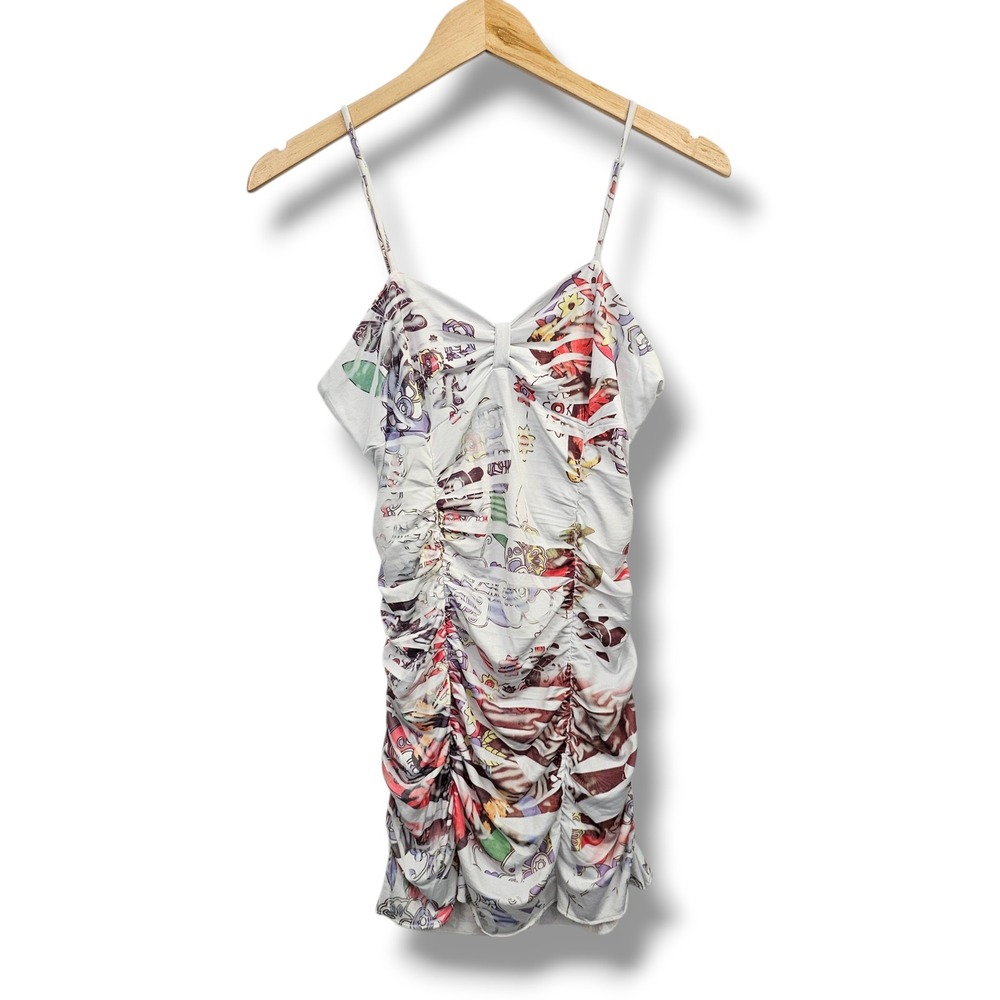 Y2K La Teen Mini Dress L White Pink Graphic Print Ruched Bodycon Babydoll NEW - Picture 4 of 12